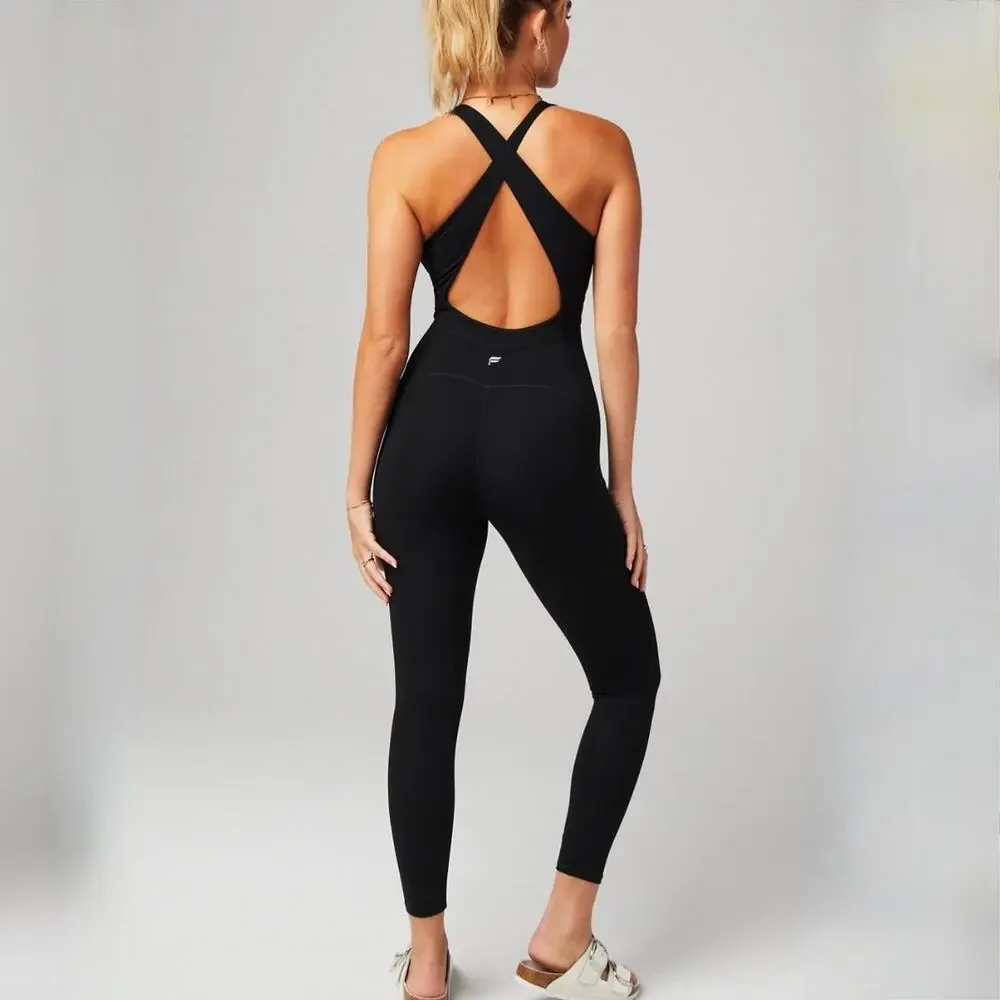 NWT Fabletics Pure Luxe Oasis Twist Front Pocket 7/8 Jumpsuit - Black - Size S - Picture 2 of 9